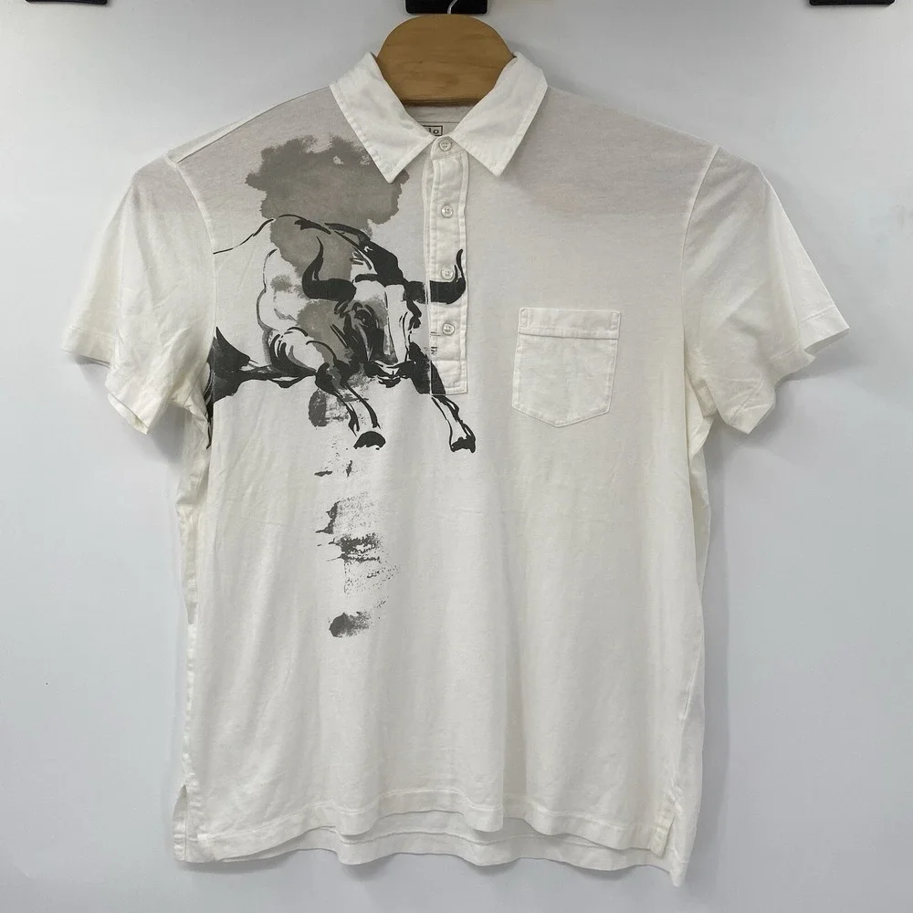 Polo Ralph Lauren Polo Shirt Mens XL White Graphic Bull Art‎ Short Sleeve Pocket